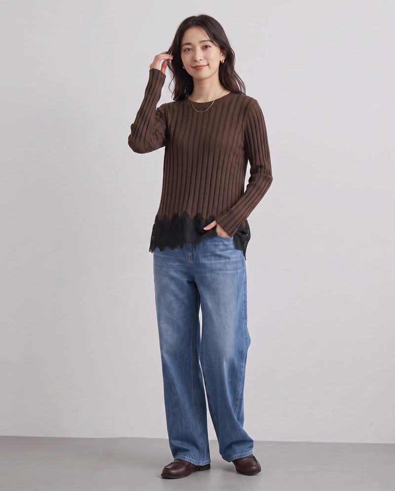 レースドッキングワイドリブニット