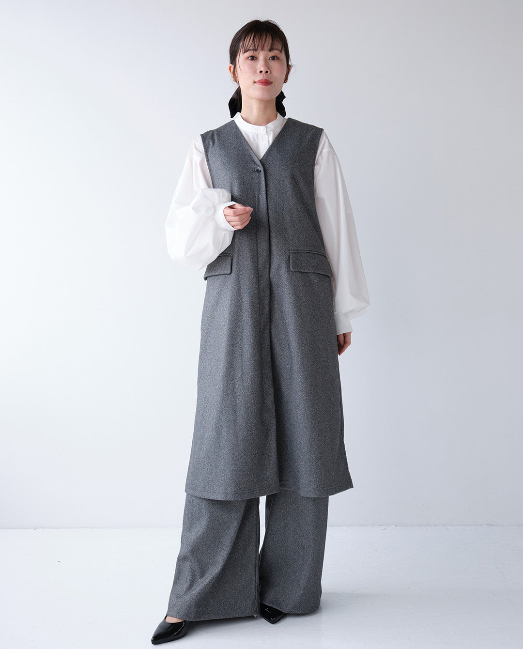 ウールライクVネックロングジレ