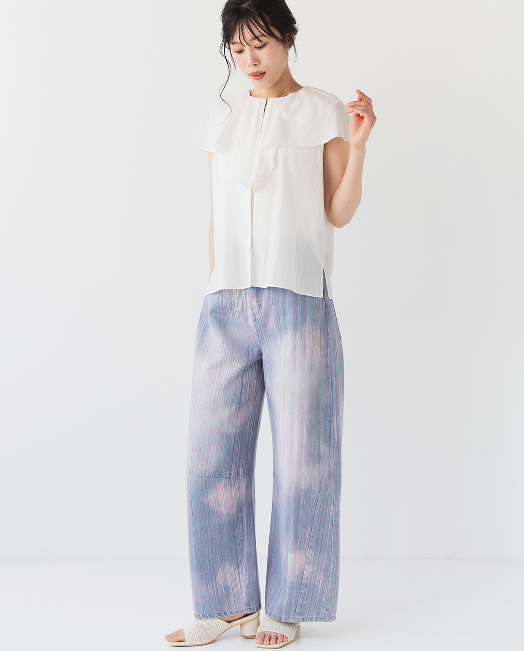 マルチストライプ バレルデニムパンツ